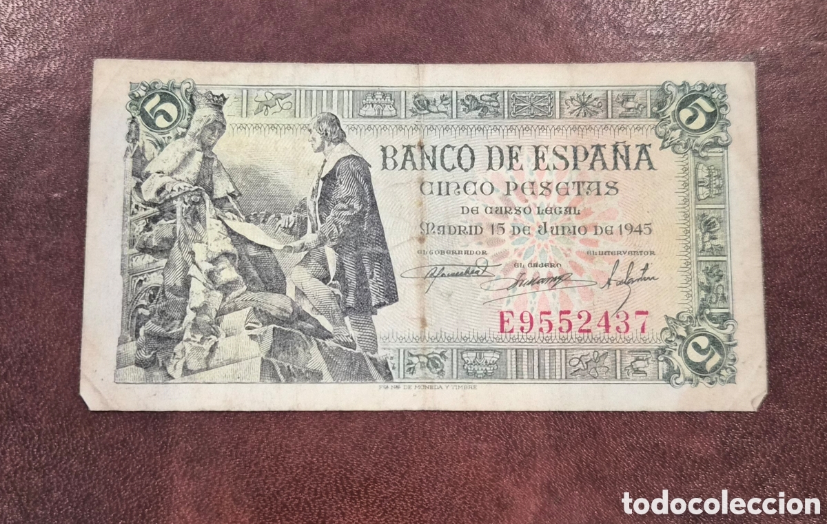 Billetes espa&ntilde;oles: Espa&ntilde;a &ndash; Billete de 5 Pesetas 1945 &ndash; Crist&oacute;bal Col&oacute;n &ndash; Serie E