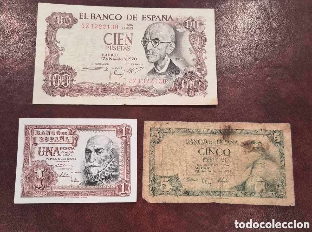 Billetes espa&ntilde;oles: Espa&ntilde;a &ndash; Lote de 3 Billetes de 1, 5 y 100 Pesetas &ndash; A&ntilde;os 1953, 1954 y 1970