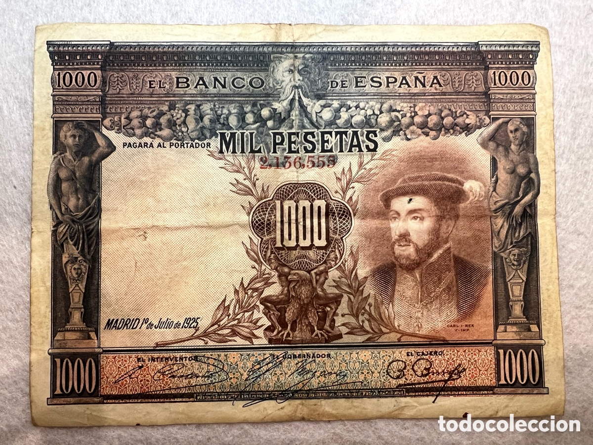 Billetes espa&ntilde;oles: Billete de 1000 pesetas de 1925 con el retrato de Carlos I (Carlos V)
