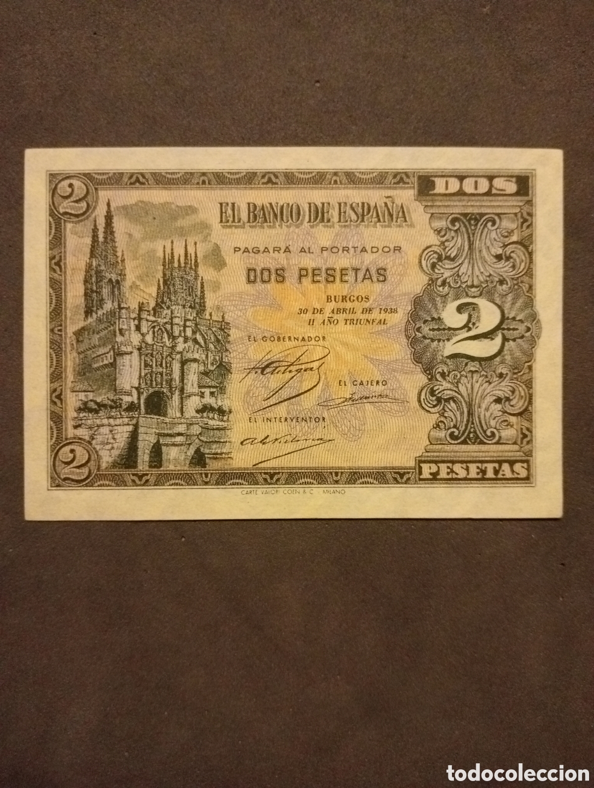 Notas espanholas: Billete de 2 pesetas de abril de 1938 . Serie N ( &Uacute;LTIMA SERIE EMITIDA ) SC.