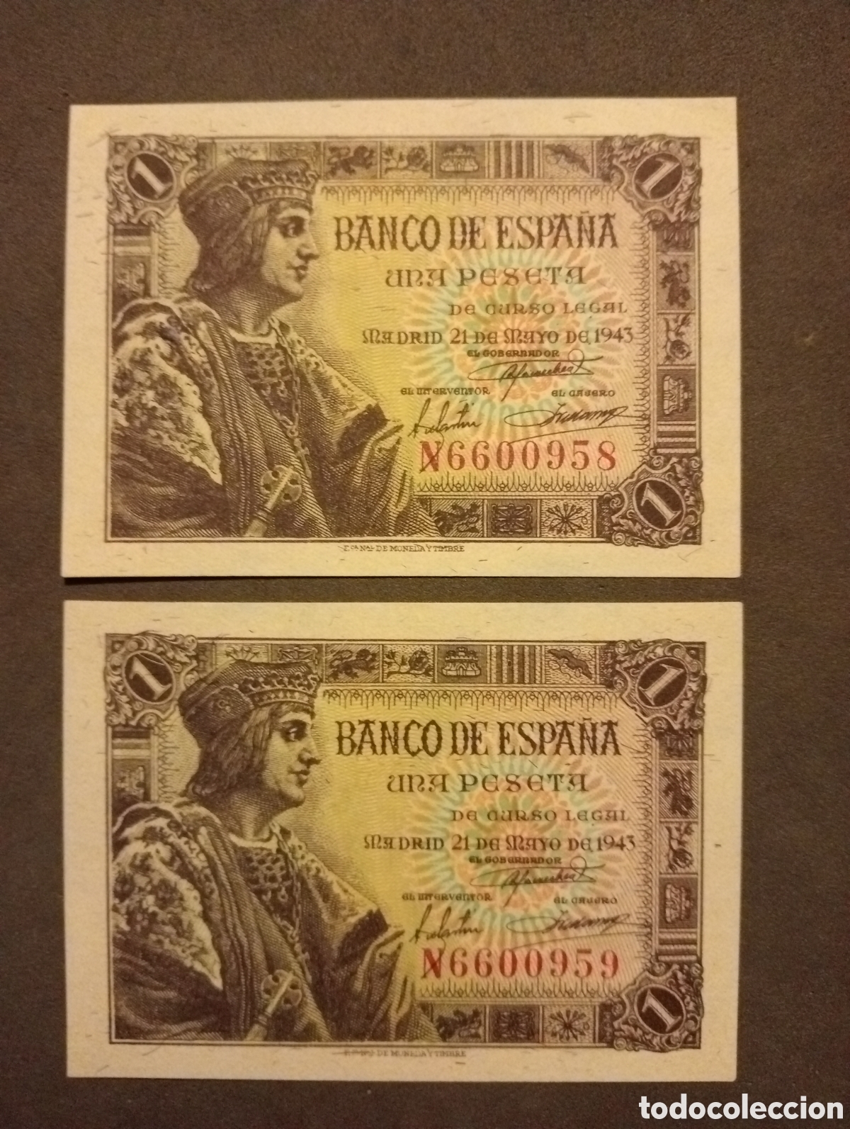 Billets espagnols: Billetes de 1 peseta. 21 de Mayo de 1943 . Pareja correlativa. Serie N, &Uacute;LTIMA SERIE EMITIDA