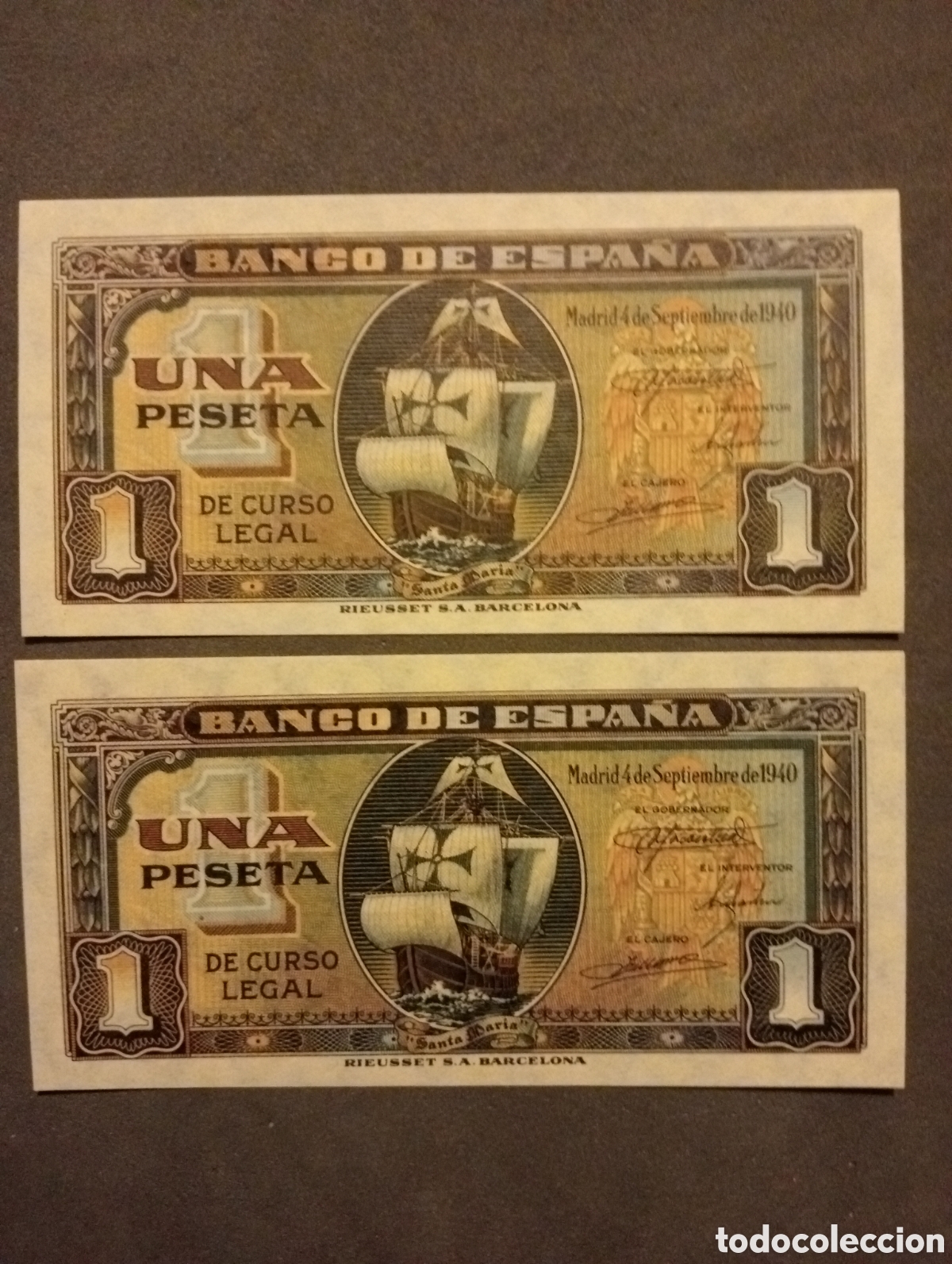 Billets espagnols: Billetes de 1 peseta. 4 de septiembre de 1940 . PAREJA CORRELATIVA. SC \ SC -