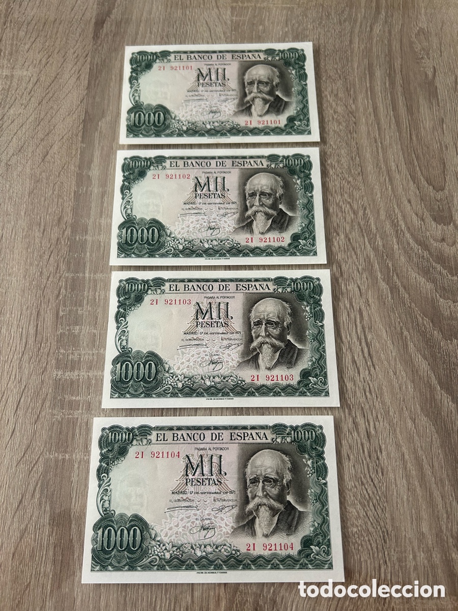 Billetes espa&ntilde;oles: Lote 4 billetes correlativos 1000 pesetas 1971