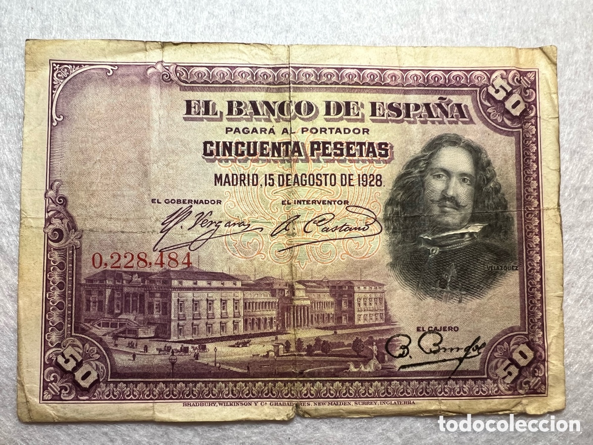 Billets espagnols: Billete de 50 pesetas del Banco de Espa&ntilde;a, Madrid, 15 de agosto de 1928 (Vel&aacute;zquez)