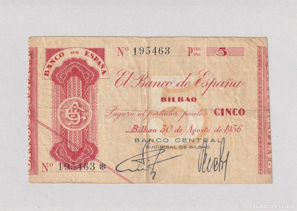 Billetes espa&ntilde;oles: BILLETE BANCO ESPA&Ntilde;A BILBAO 5 PESETAS SIN S&Eacute;RIE BANCO CENTRAL 30 AGOSTO 1936 EUZKADI VIZCAYA