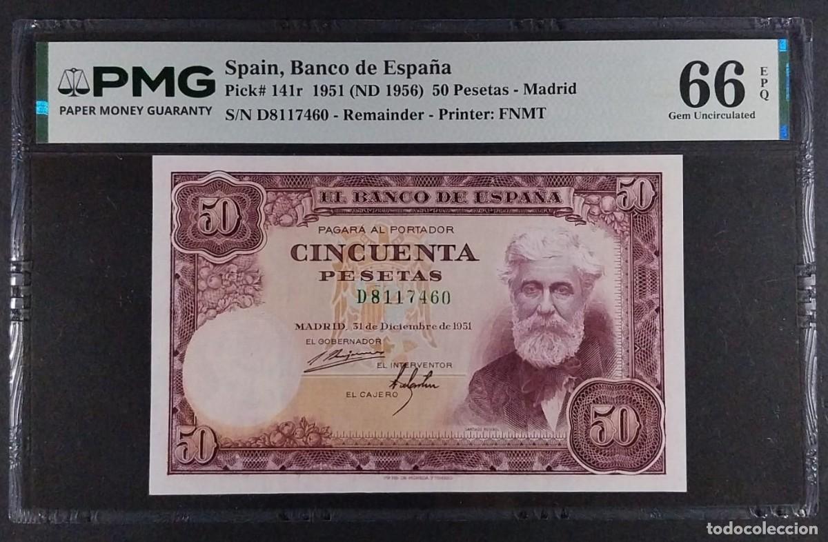 Billetes espa&ntilde;oles: 50 PESETAS 1951 RUSI&Ntilde;OL SERIE D (Sin firma del cajero) PMG 66 EPQ SC