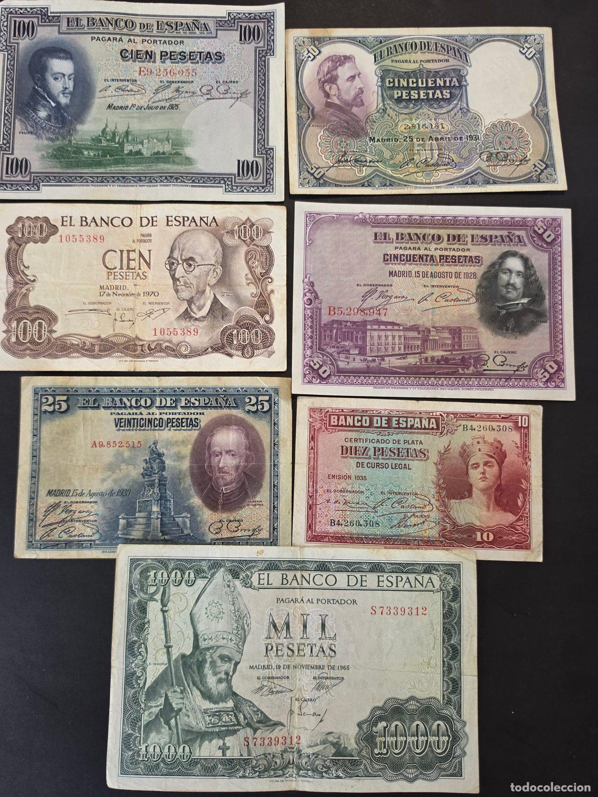 Billetes espa&ntilde;oles: Lote 7 billetes hist&oacute;ricos de Espa&ntilde;a