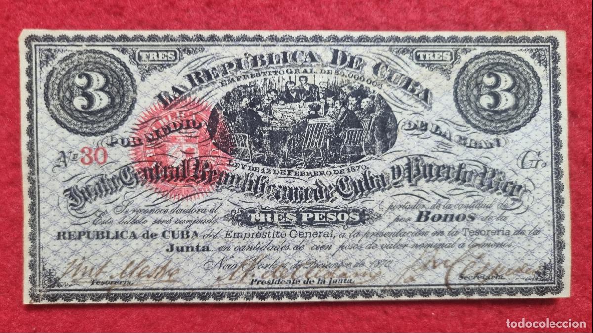Billetes espa&ntilde;oles: BILLETE 3 PESOS CUBA JUNTA CENTRAL Y PUERTO RICO 1870 NEW YORK BONO 30 EPOCA COLONIAL ORIGINAL