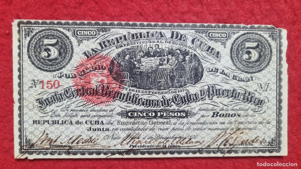 Billetes espa&ntilde;oles: BILLETE 5 PESOS CUBA JUNTA CENTRAL Y PUERTO RICO 1870 NEW YORK BONO 150 EPOCA COLONIAL ORIGINAL