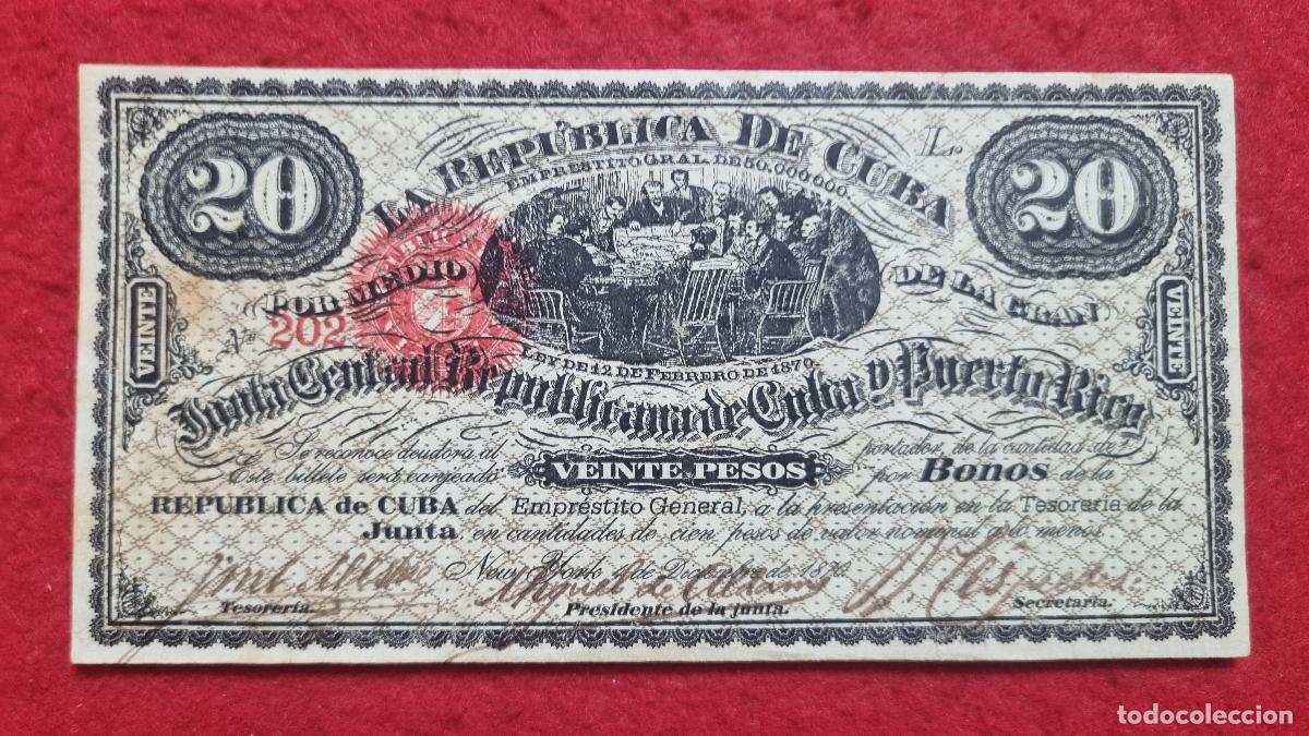 Billetes espa&ntilde;oles: BILLETE 20 PESOS CUBA JUNTA CENTRAL Y PUERTO RICO 1870 NEW YORK BONO 202 EPOCA COLONIAL ORIGINAL