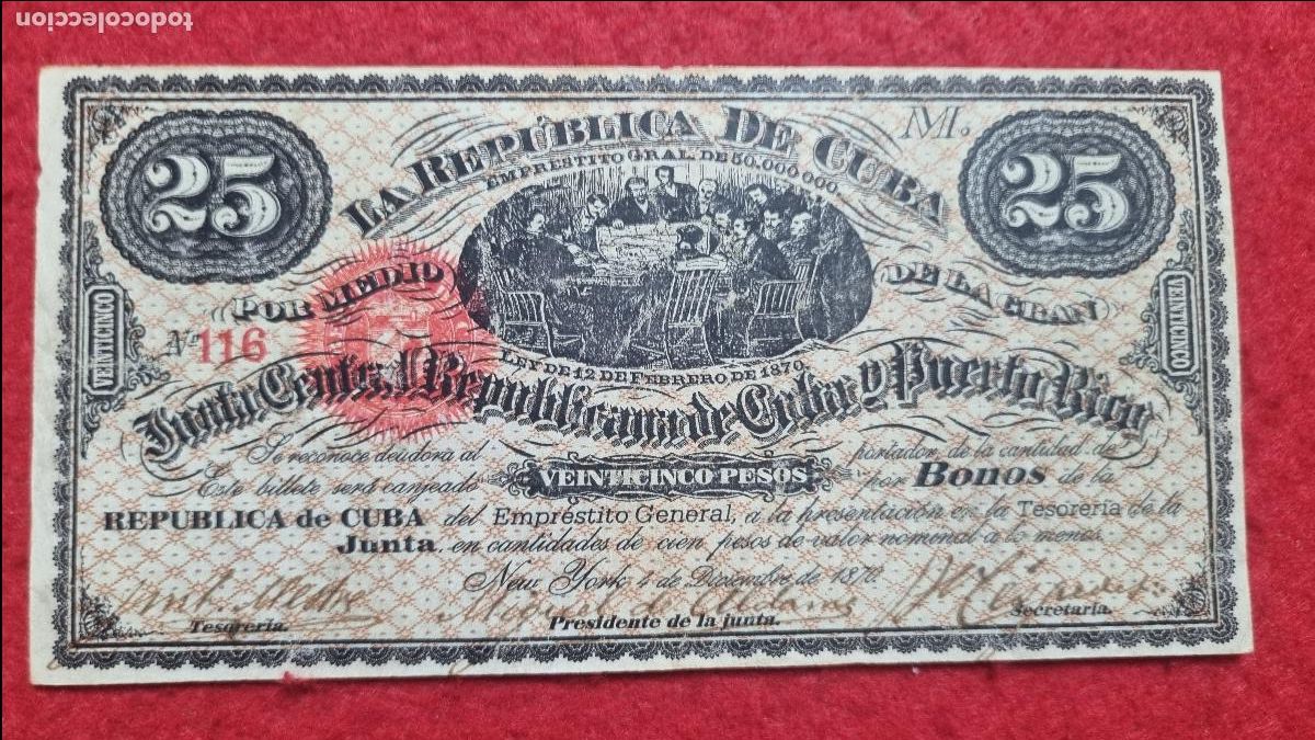 Billetes espa&ntilde;oles: BILLETE 25 PESOS CUBA JUNTA CENTRAL Y PUERTO RICO 1870 NEW YORK BONO 116 EPOCA COLONIAL ORIGINAL