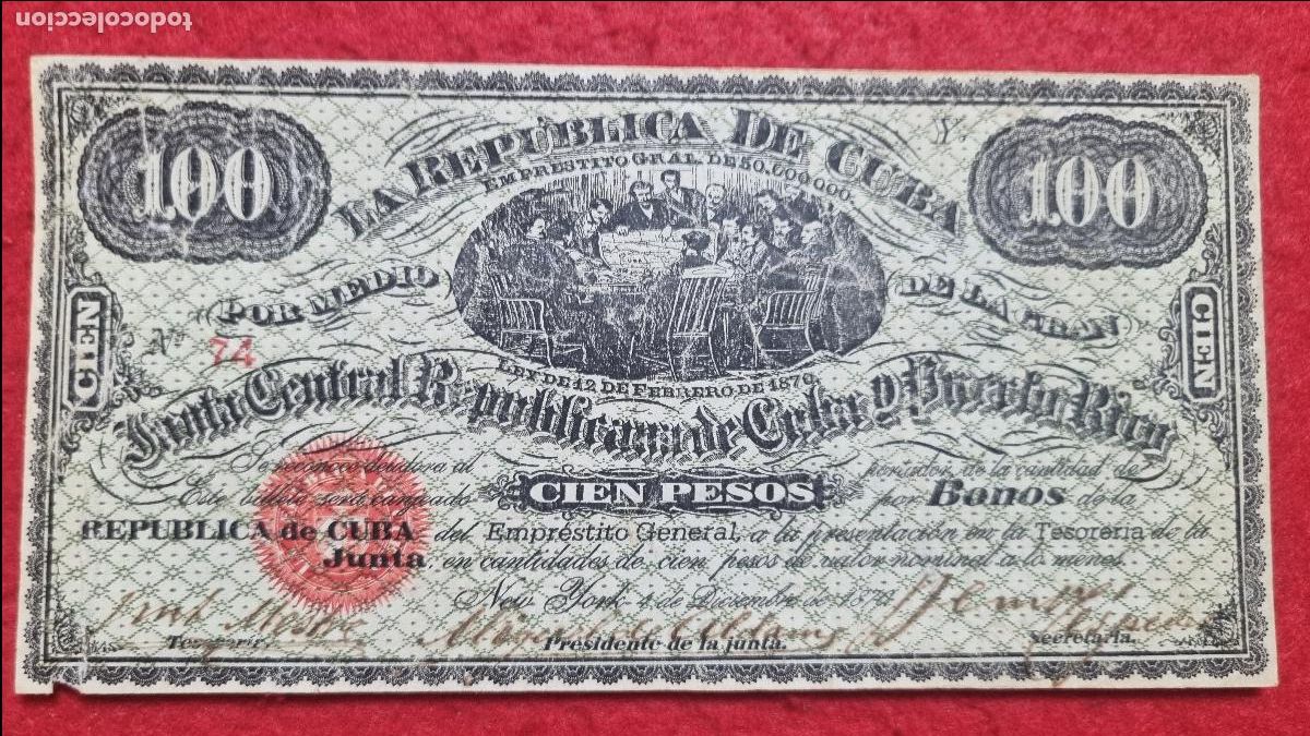 Billetes espa&ntilde;oles: BILLETE 100 PESOS CUBA JUNTA CENTRAL Y PUERTO RICO 1870 NEW YORK BONO 74 EPOCA COLONIAL ORIGINAL