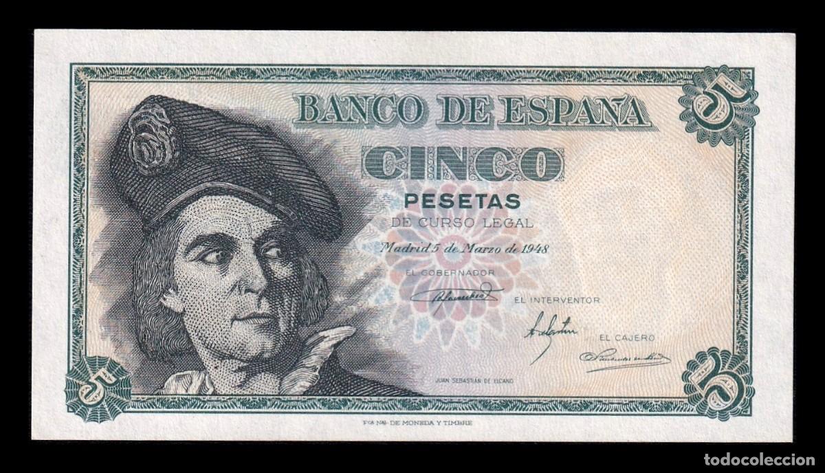 Billetes espa&ntilde;oles: Espa&ntilde;a 5 Pesetas J. S. Elcano 1948 Pick 136 Serie F Sc Unc
