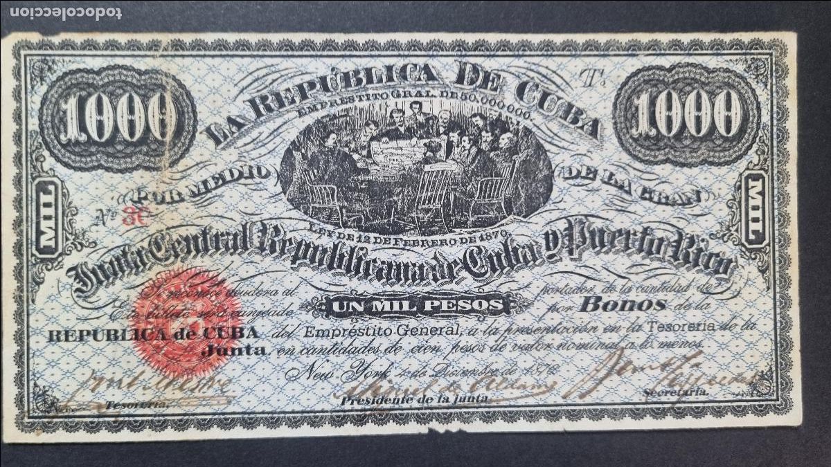 Billetes espa&ntilde;oles: BILLETE 1000 PESOS CUBA JUNTA CENTRAL Y PUERTO RICO 1870 NEW YORK BONO 30 EPOCA COLONIAL ORIGINAL