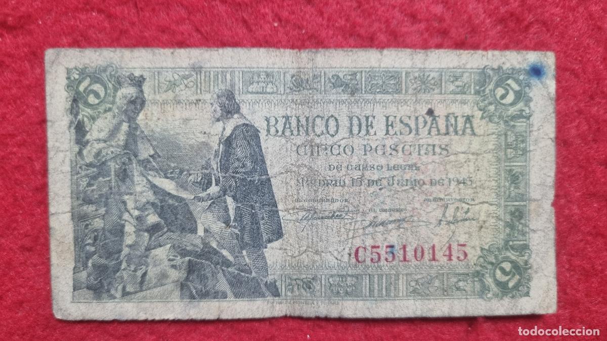 Billetes espa&ntilde;oles: BILLETE 5 PESETAS 1945 MAL ESTADO SERIE C ORIGINAL T145