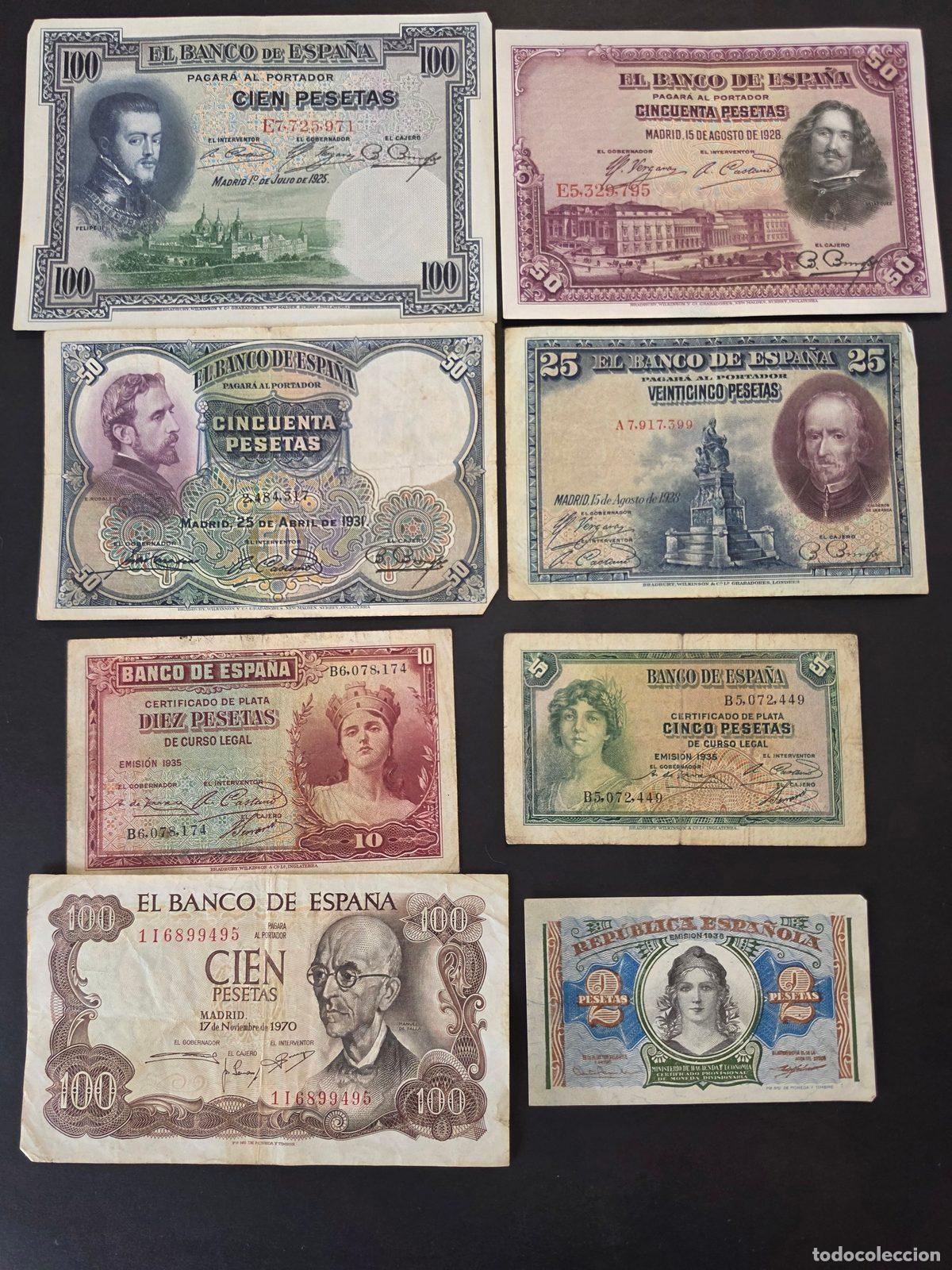Billetes espa&ntilde;oles: Lote de 8 billetes hist&oacute;ricos de Espa&ntilde;a 1925 a 1970