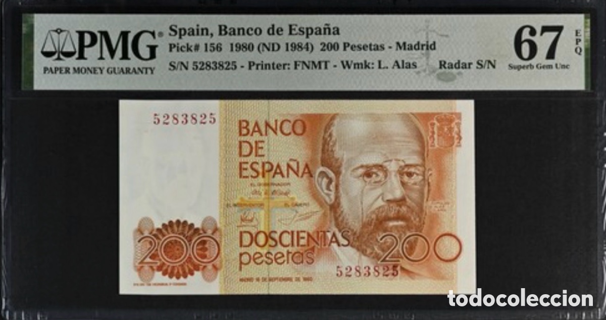 Billetes espa&ntilde;oles: Billete 200 Pesetas 1980 PMG 67 Sin Serie CAPIC&Uacute;A
