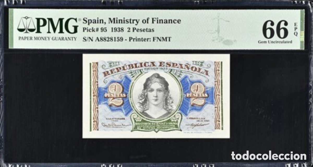 Billetes espa&ntilde;oles: Billete 2 Pesetas 1938 PMG 66 Serie A