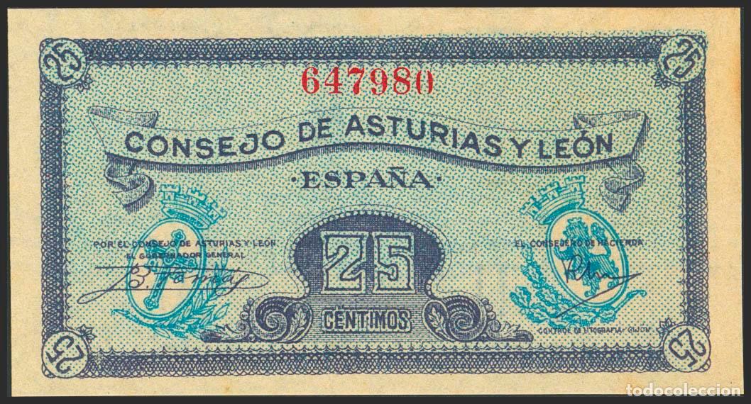 Billetes espa&ntilde;oles: 25 C&eacute;ntimos. 1937. Asturias y Le&oacute;n. Sin serie. (Edifil 2023: 394). Apresto original, manchitas del t