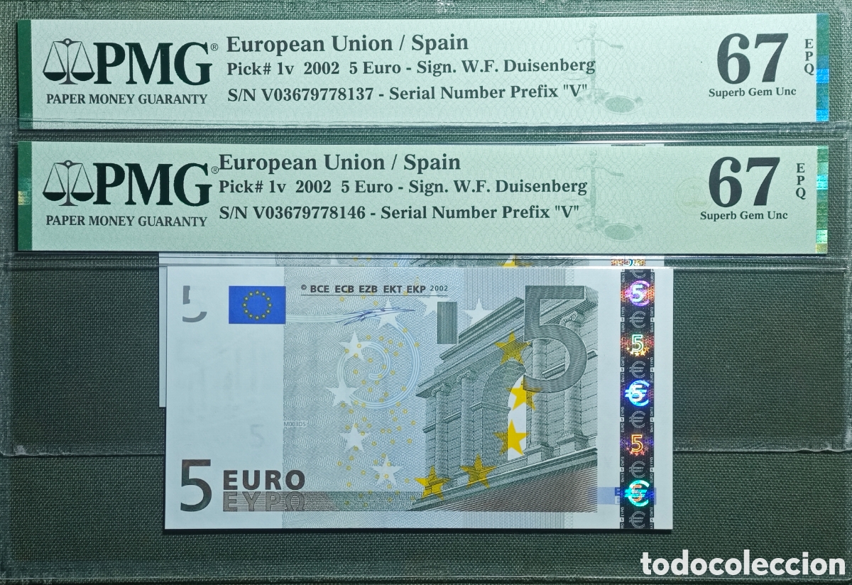 Billetes espa&ntilde;oles: 5 EURO M003D5 2002 ESPA&Ntilde;A DUISENBERG SIN CIRCULAR PAREJA CORRELATIVA PMG 67/67 EPQ