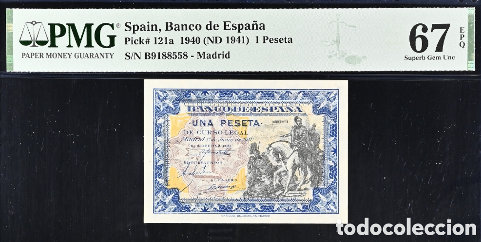 Billetes espa&ntilde;oles: Billete 1 peseta 1940 -Hernan Cortes- PMG 67 EPQ, serie B