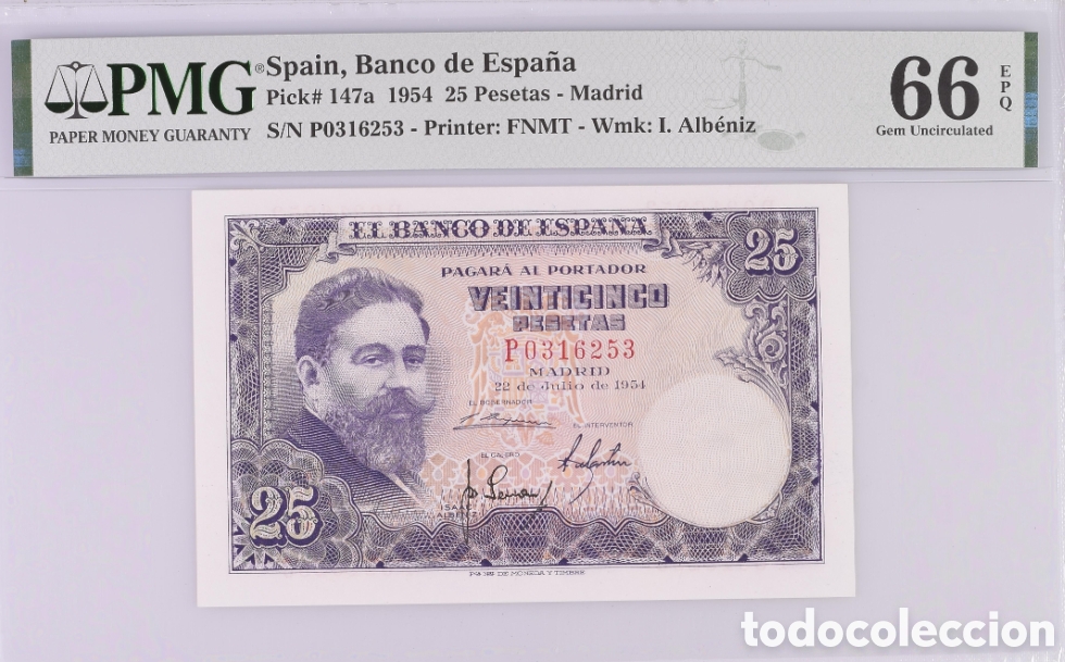 Billetes espa&ntilde;oles: Billete 25 pesetas 1954 -Isaac Albeniz- PMG 66 EPQ, serie P, &uacute;ltima serie emitida