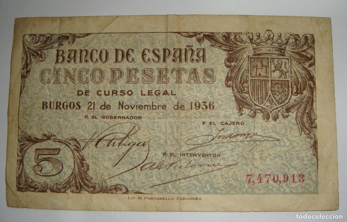 Billetes espa&ntilde;oles: Billete de 5 Pesetas &middot; Banco de Espa&ntilde;a &middot; Burgos &middot; 21 de noviembre de 1936 &middot; Guerra Civil