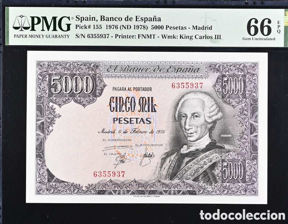Billetes espa&ntilde;oles: Billete 5000 pesetas 1976 -Carlos III- PMG 66 EPQ, sin serie