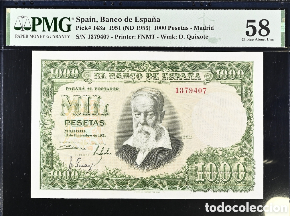 Billetes espa&ntilde;oles: Billete 1000 pesetas 1951 -Sorolla- PMG 58, sin serie