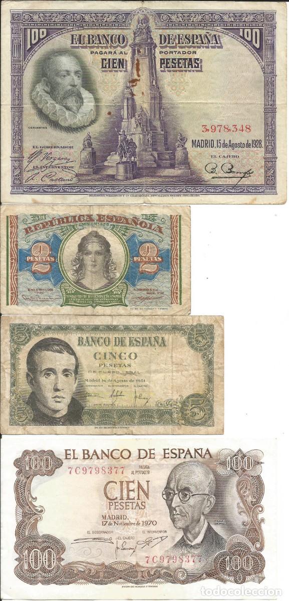 Billetes espa&ntilde;oles: Espa&ntilde;a Lote de 4 billetes usados de diferentes periodos. Los de la foto