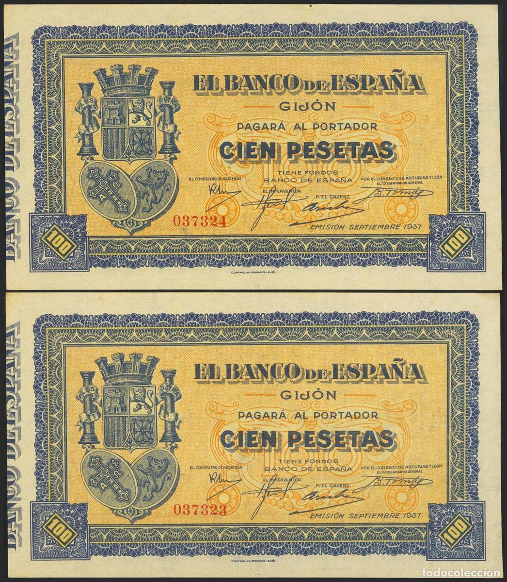 Billetes espa&ntilde;oles: 100 Pesetas. Septiembre 1937. Pareja correlativa. Sucursal de Gij&oacute;n. Sin serie. (Edifil 2021: 399).