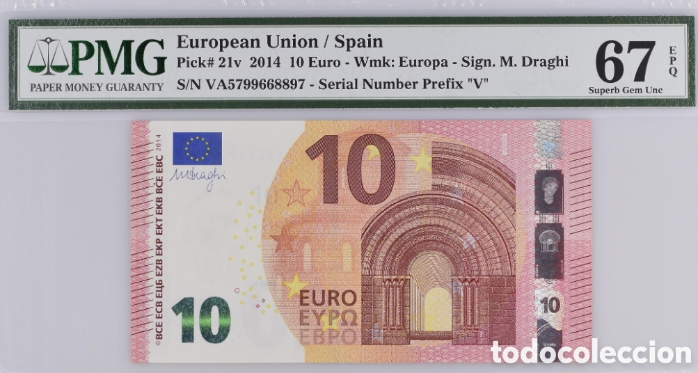 Billetes espa&ntilde;oles: Billete 10 Euros 2014 Pick 21v -M. Draghi- PMG 67 EPQ