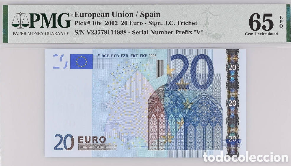 Billetes espa&ntilde;oles: Billete 20 Euros 2002, serie V Pick 10v -Trichet- PMG 65 EPQ