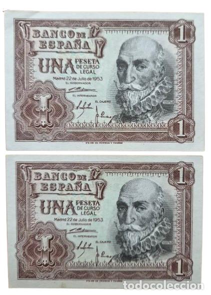 Billetes espa&ntilde;oles: ESPA&Ntilde;A. Lote 2 billetes CORRELATIVA 1 peseta 1953. EBC (Pico doblado esquina izquierda) y el otro SC