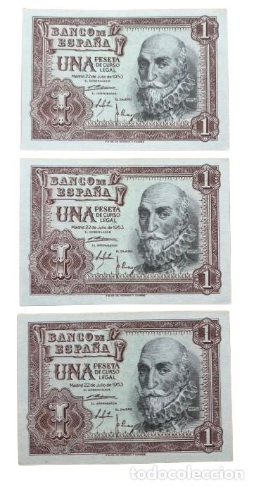 Billetes espa&ntilde;oles: ESPA&Ntilde;A. Lote 3 billetes TRIO CORRELATIVO. Serie 1A. 1 peseta 1953. SC