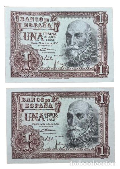 Billetes espa&ntilde;oles: ESPA&Ntilde;A. Lote 2 billetes CORRELATIVOS. Serie 1A. 1 peseta 1953. SC