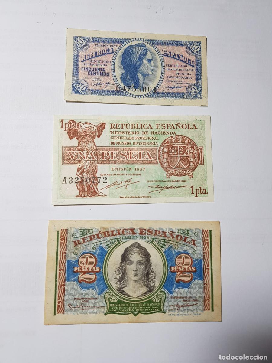 Billetes espa&ntilde;oles: ESPA&Ntilde;A-REPUBLICA-SERIE DE 3 BILLETES-050 CENTIMOS-1 PESETA Y 2 PESETAS-A&Ntilde;OS 1937/1938