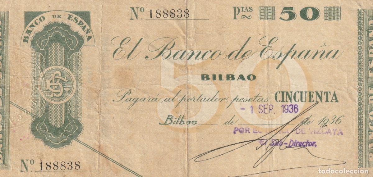 Billetes espa&ntilde;oles: BILLETE 50 PESETAS BANCO DE ESPA&Ntilde;A EN BILBAO 1 SEPT 1936 GUERRA CIVIL VIZCAYA EUZKADI