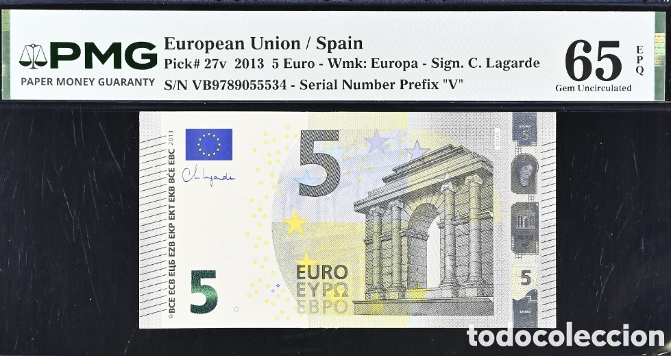 Billetes espa&ntilde;oles: Billete 5 Euros 2013 serie VB Pick 27v -Lagarde- PMG 65 EPQ