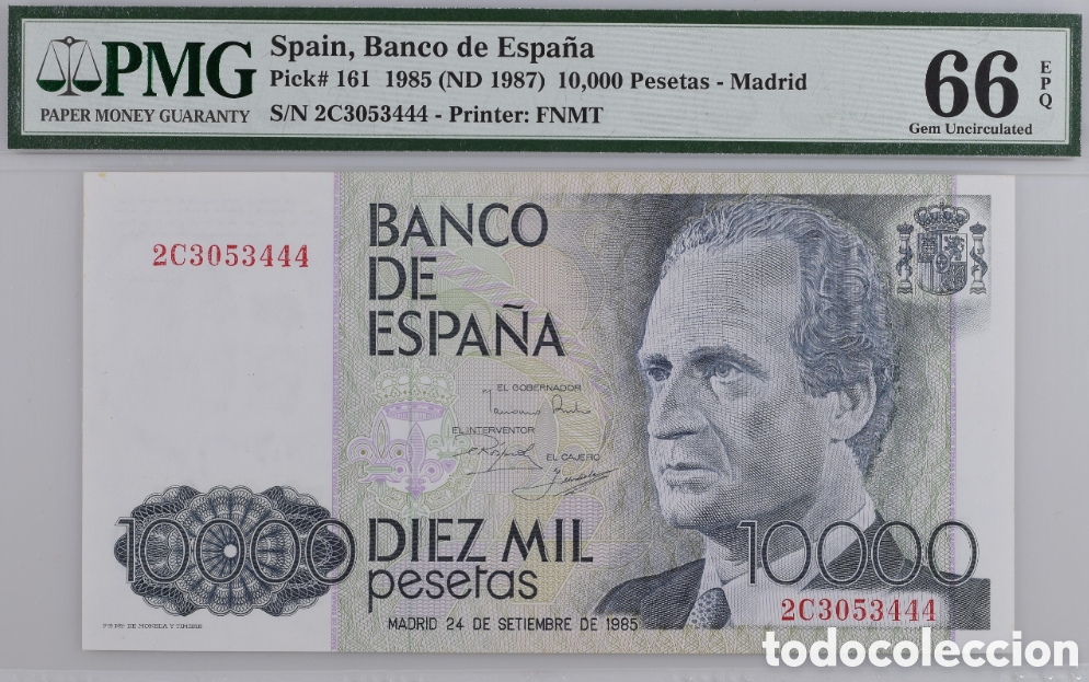 Billetes espa&ntilde;oles: Billete 10000 pesetas 1985 -Juan Carlos I- PMG 66 EPQ, serie 2C, &uacute;ltima serie emitida