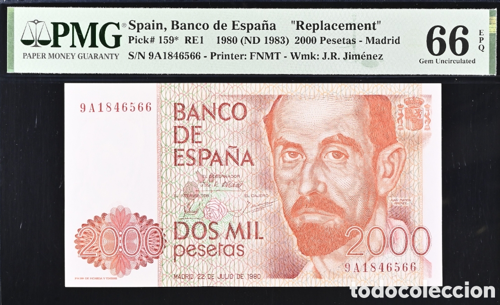 Billetes espa&ntilde;oles: Billete 2000 pesetas 1980 -J. R. Jim&eacute;nez- PMG 66 EPQ, serie especial 9A