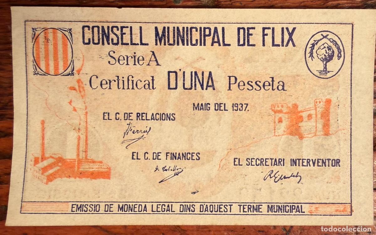 Billetes espa&ntilde;oles: BILLETE 1 PESSETA CONSELL MUNICIPAL DE FLIX MAIG DEL 1937. SERIE A