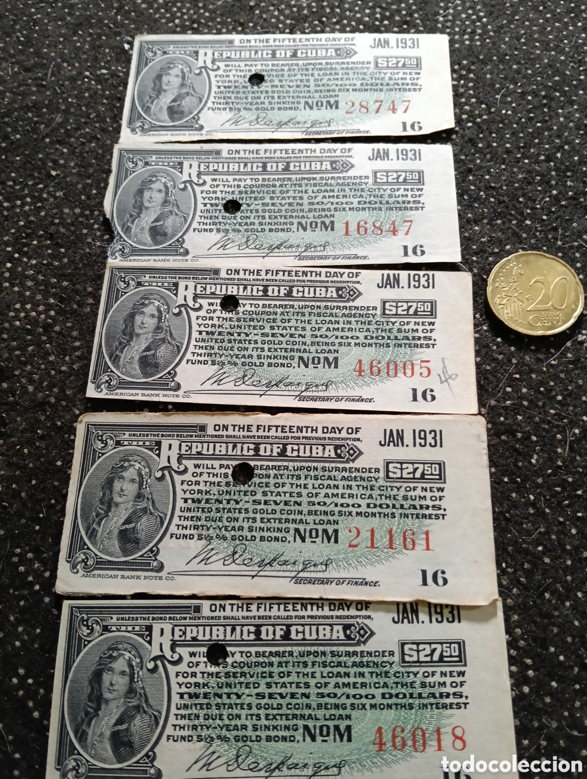 Billetes espa&ntilde;oles: Cupon de pago de intereses (de $13.75 y $27.50 d&oacute;lares estadounidenses) correspondientes a bonos de