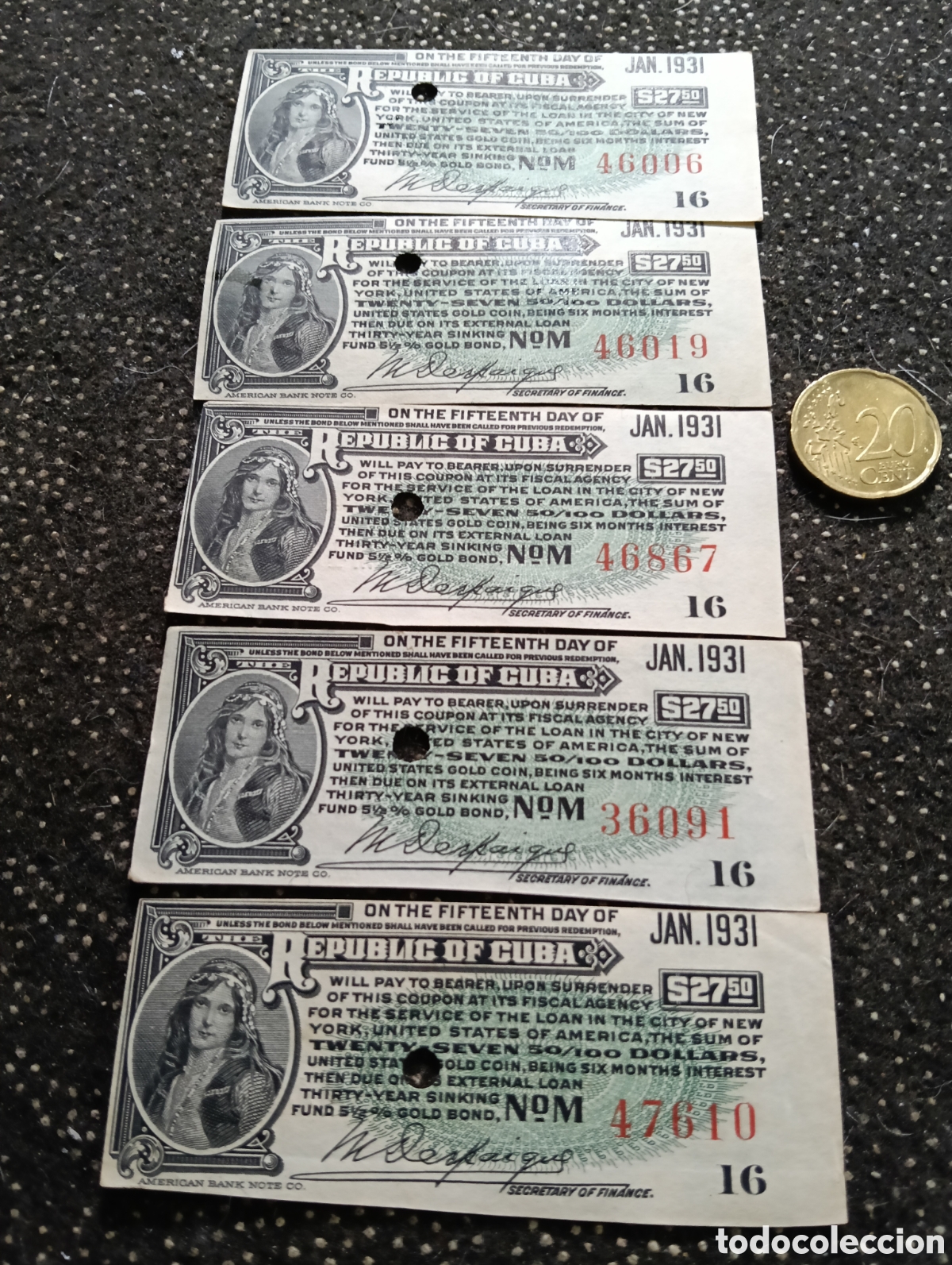 Billetes espa&ntilde;oles: Cupon de pago de intereses (de $13.75 y $27.50 d&oacute;lares estadounidenses) correspondientes a bonos de