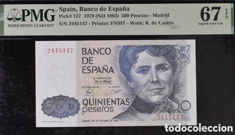 Billetes espa&ntilde;oles: Billete 500 pesetas 1979 -Rosalia de Castro- PMG 67 EPQ, sin serie