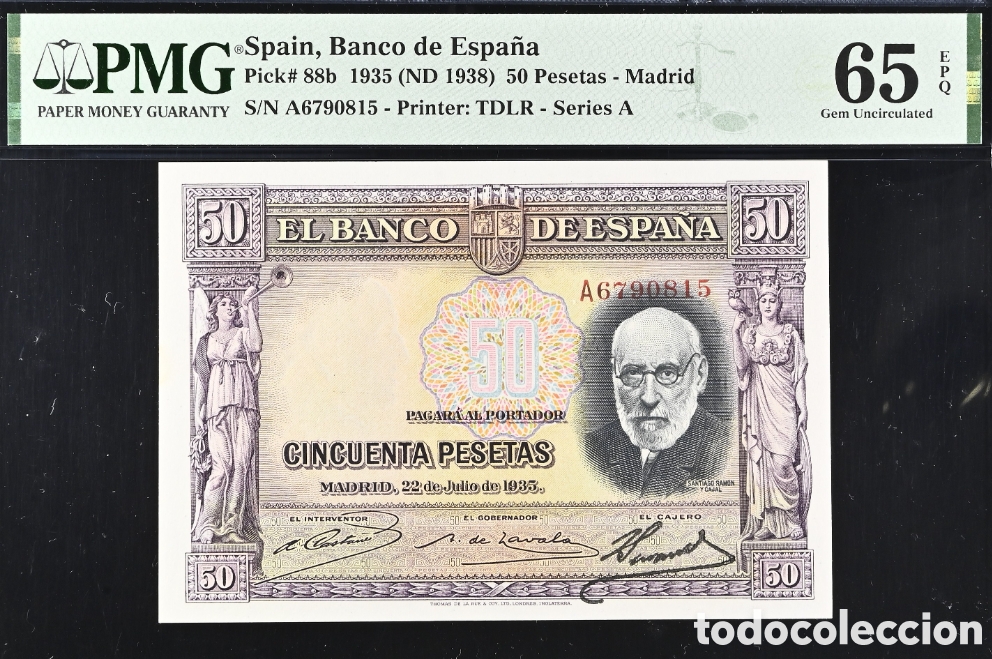 Billetes espa&ntilde;oles: Billete 50 pesetas 1935 -Santiago Ram&oacute;n y Cajal- PMG 65 EPQ, serie A