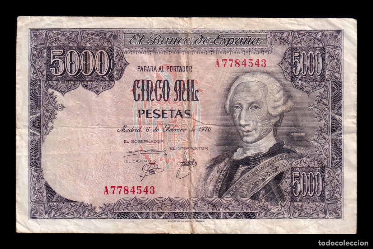 Billetes espa&ntilde;oles: Espa&ntilde;a 5000 Pesetas Carlos III 1976 Pick 155 Serie A Bc/Mbc F/Vf