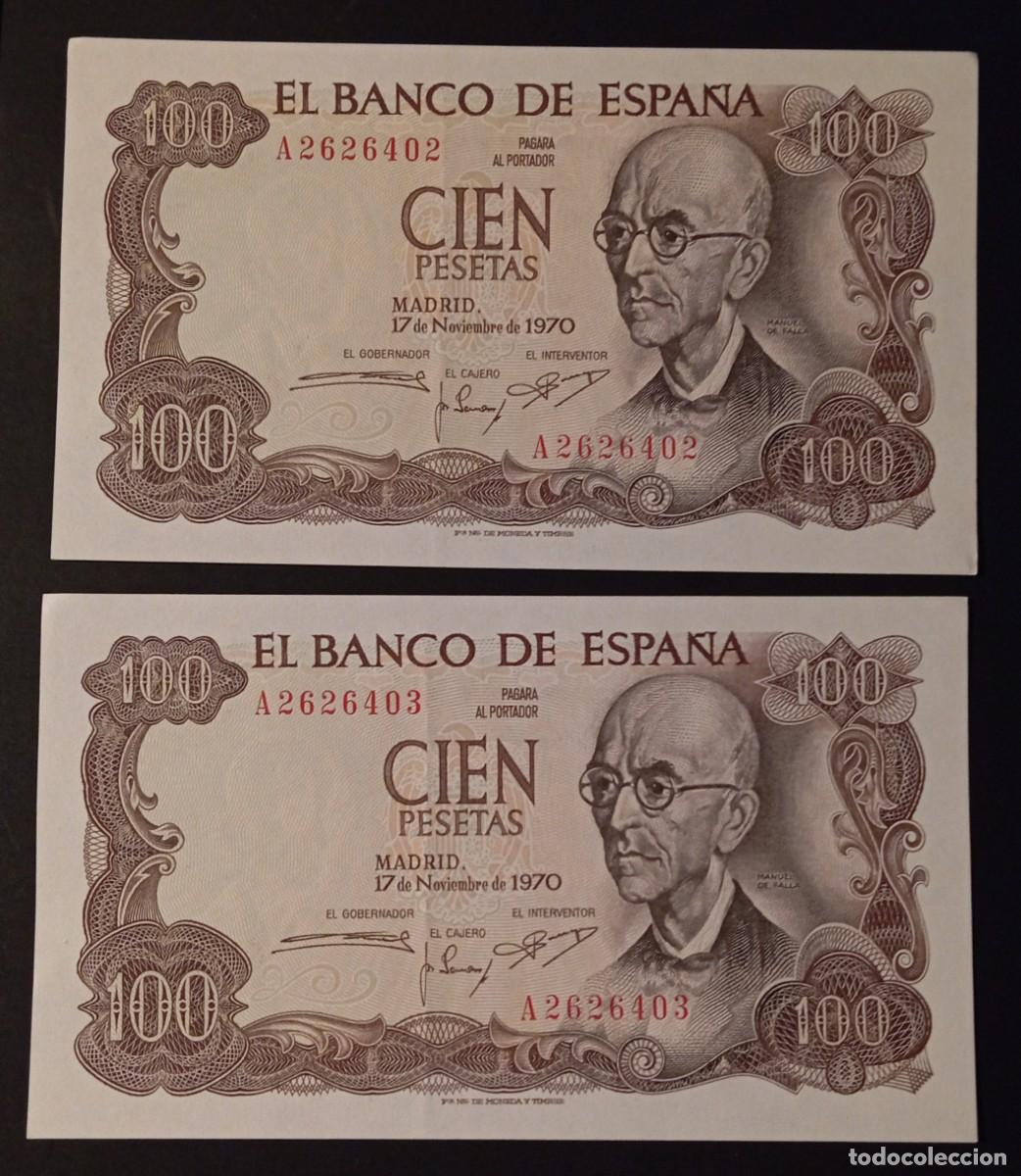 Billetes espa&ntilde;oles: 100 pesetas 1970 pareja correlativa serie A (EBC+)