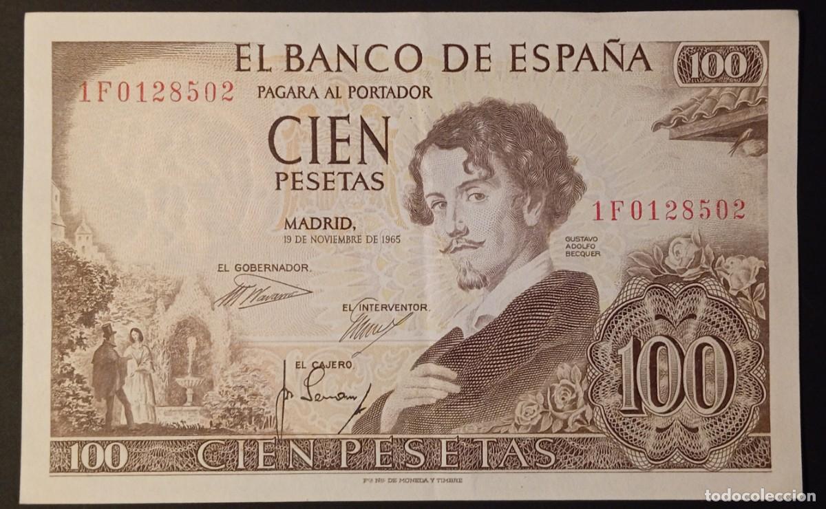 Billetes espa&ntilde;oles: 100 pesetas 1965 serie 1F (EBC+)