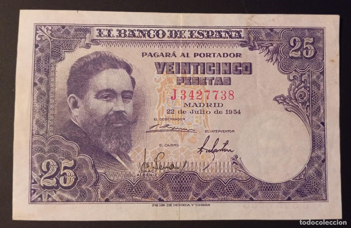 Billetes espa&ntilde;oles: 25 pesetas 1955 serie J (MBC+)